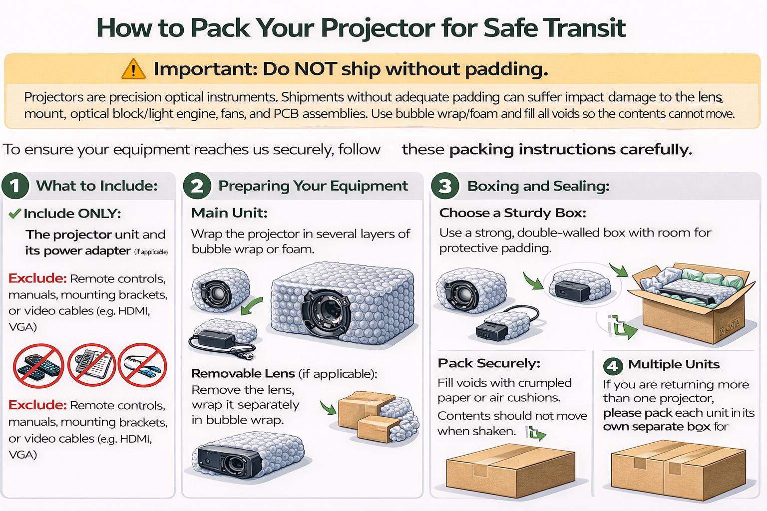 How to pack your projector for safe transit: include only projector and adapter, wrap securely, use a sturdy padded box, and pack multiple units separately.